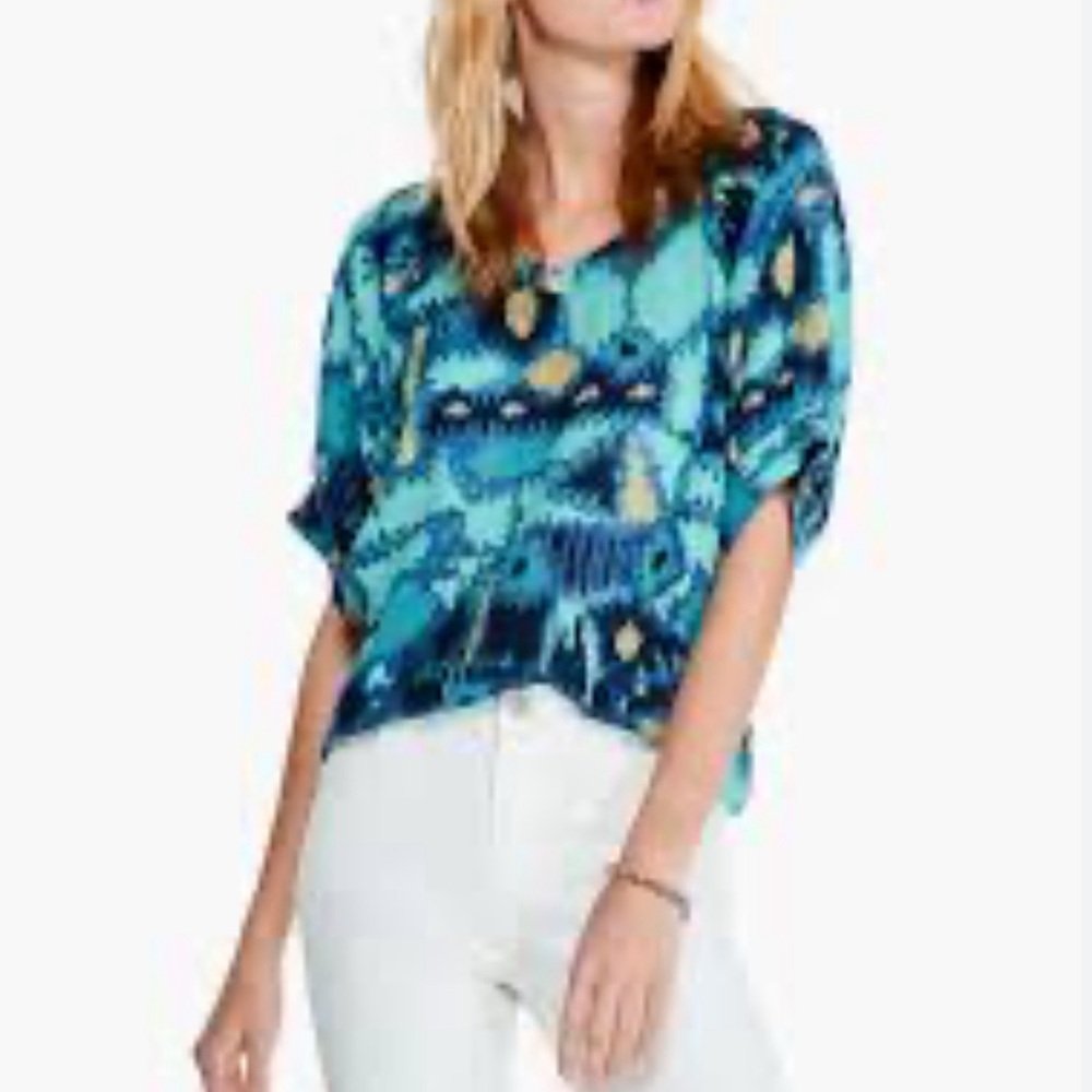 NIC+ZOE Aqua and Navy Abstract V-Neck Blouse